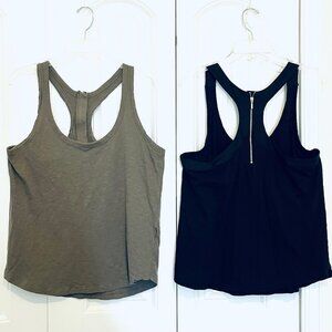 2 Tank Tops with Cutaway Shoulders & Gold Tone Zippers in Back (L) Black/Green